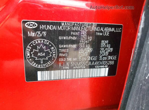 5NMS5CAA4KH105288 2019 HYUNDAI SANTA Red Widok naklejki z numerem VIN