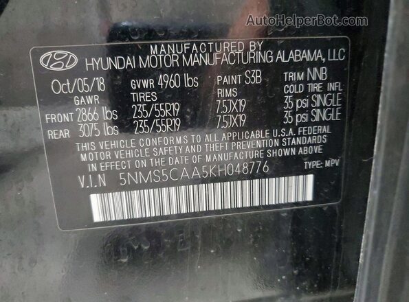 5NMS5CAA5KH048776 2019 HYUNDAI SANTA Черный Панорамный вид салона 360°