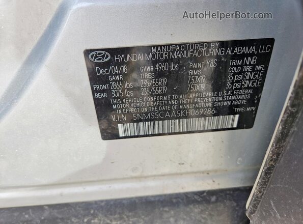 5NMS5CAA5KH069286 2019 HYUNDAI SANTA Silver Vista del compartimento del motor