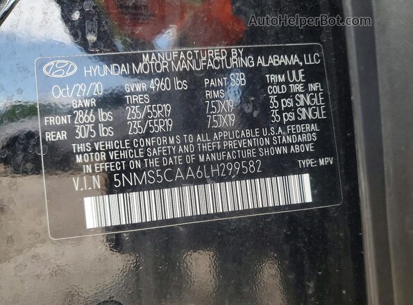 5NMS5CAA6LH299582 2020 HYUNDAI SANTA Black Вид наклейки з VIN-кодом