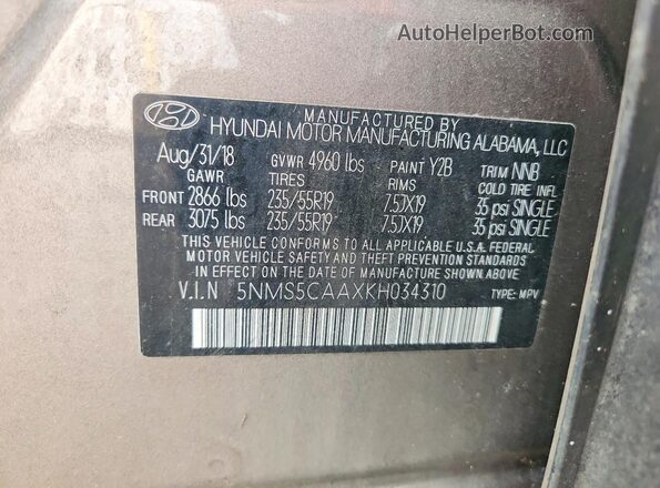 5NMS5CAAXKH034310 2019 HYUNDAI SANTA Brown 