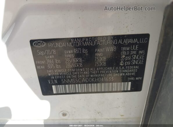 5NMS5CAD0KH041633 2019 HYUNDAI SANTA FE White Вид підкапотного простору