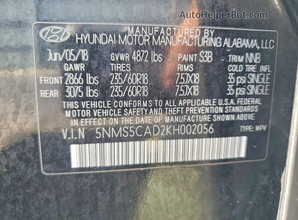 5NMS5CAD2KH002056 2019 HYUNDAI SANTA Black Vista de la etiqueta del VIN