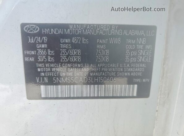 5NMS5CAD3LH150606 2020 HYUNDAI SANTA White Widok wnętrza 360 stopni