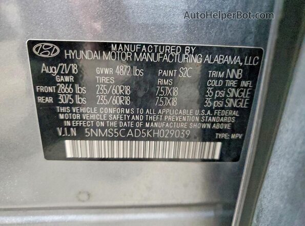 5NMS5CAD5KH029039 2019 HYUNDAI SANTA Gray Widok naklejki z numerem VIN