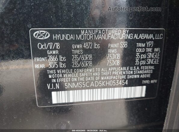 5NMS5CAD5KH053454 2019 HYUNDAI SANTA FE Black Engine compartment view