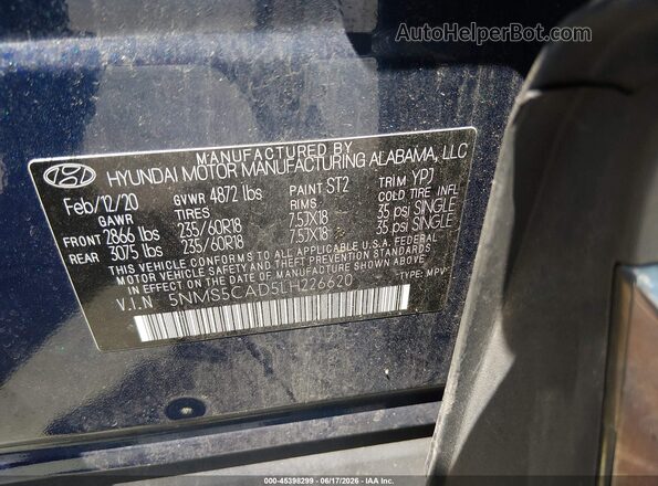 5NMS5CAD5LH226620 2020 HYUNDAI SANTA FE Синий Вид подкапотного пространства