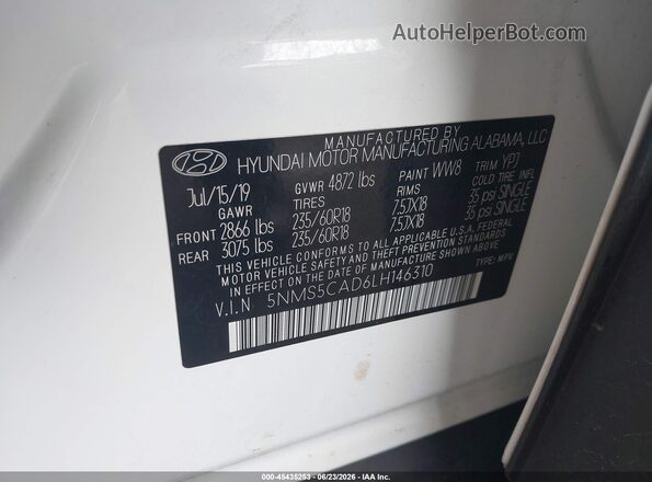 5NMS5CAD6LH146310 2020 HYUNDAI SANTA FE White Engine compartment view