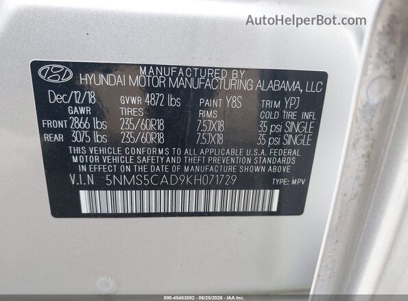 5NMS5CAD9KH071729 2019 HYUNDAI SANTA FE Silver Вид підкапотного простору