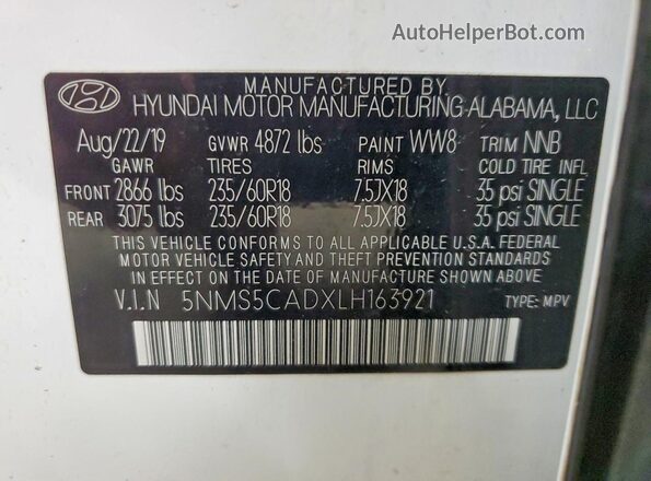 5NMS5CADXLH163921 2020 HYUNDAI SANTA White VIN კოდის სტიკერის ხედი