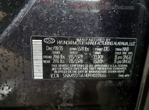 5NMS5DA14PH022666 2023 HYUNDAI SANTA Gray Widok naklejki z numerem VIN