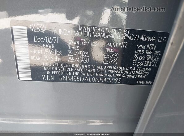 5NMS5DAL0NH415093 2022 HYUNDAI SANTA FE Gray Vista del compartimento del motor