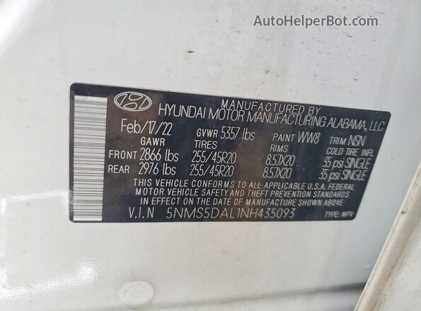 5NMS5DAL1NH435093 2022 HYUNDAI SANTA White Vista de la etiqueta del VIN