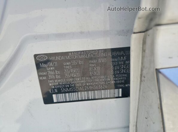 5NMS5DAL2MH363626 2021 HYUNDAI SANTA White VIN կոդի պիտակի տեսք
