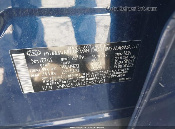 5NMS5DAL3PH522951 2023 HYUNDAI SANTA FE Blue ძრავის განყოფილების ხედი