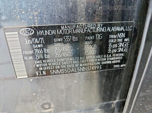 5NMS5DAL5NH374993 2022 HYUNDAI SANTA Black Vista del compartimento del motor