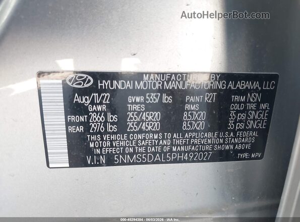 5NMS5DAL5PH492027 2023 HYUNDAI SANTA FE Silver Շարժիչի բաժամունքի տեսք