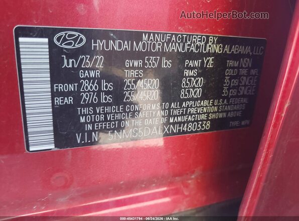 5NMS5DALXNH480338 2022 HYUNDAI SANTA FE Red Engine compartment view