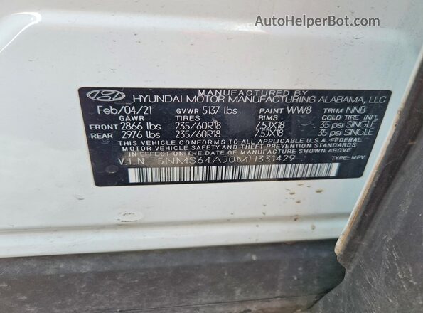 5NMS64AJ0MH331429 2021 HYUNDAI SANTA White VIN sticker view
