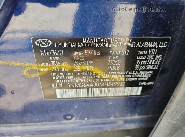 5NMS64AJ0MH349932 2021 HYUNDAI SANTA Blue Vista del compartimento del motor