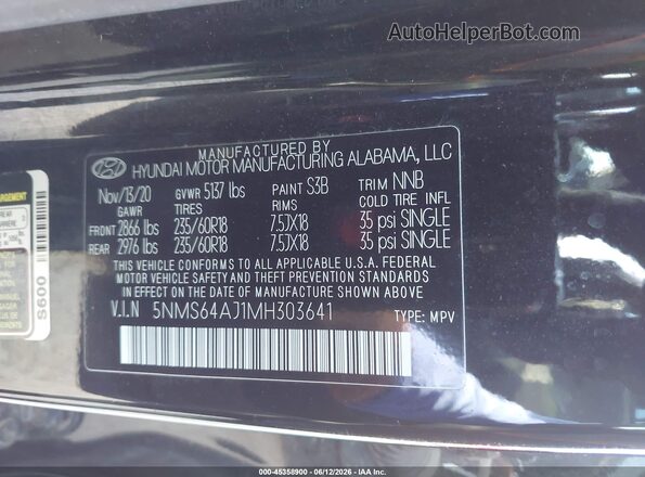 5NMS64AJ1MH303641 2021 HYUNDAI SANTA FE Black ძრავის განყოფილების ხედი
