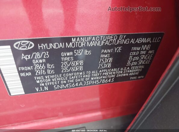 5NMS64AJ3PH578643 2023 HYUNDAI SANTA FE Red Շարժիչի բաժամունքի տեսք
