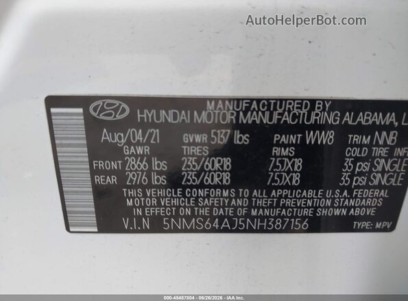 5NMS64AJ5NH387156 2022 HYUNDAI SANTA FE White Շարժիչի բաժամունքի տեսք