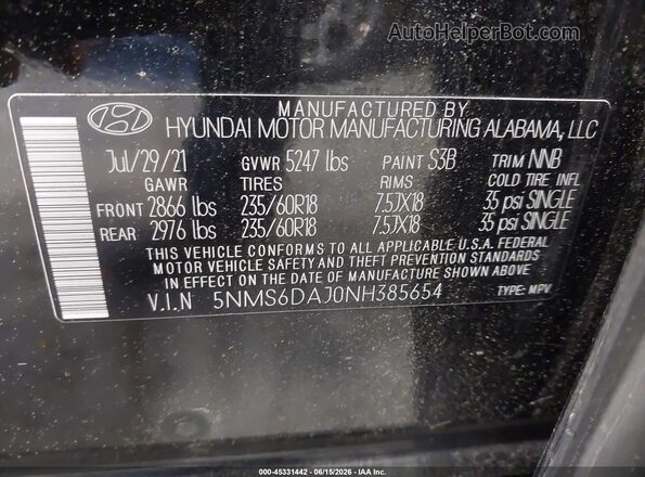 5NMS6DAJ0NH385654 2022 HYUNDAI SANTA FE Black Շարժիչի բաժամունքի տեսք