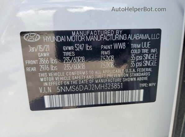 5NMS6DAJ2MH323851 2021 HYUNDAI SANTA White სალონის 360-გრადუსიანი ხედი