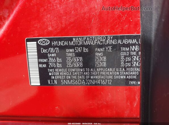 5NMS6DAJ2NH416712 2022 HYUNDAI SANTA FE Красный Вид подкапотного пространства
