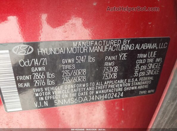 5NMS6DAJ4NH402424 2022 HYUNDAI SANTA FE Red Widok komory silnika