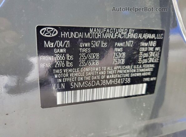 5NMS6DAJ8MH341738 2021 HYUNDAI SANTA Gray 