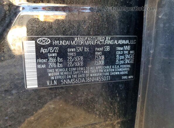 5NMS6DAJ8NH455031 2022 HYUNDAI SANTA Black VIN sticker view