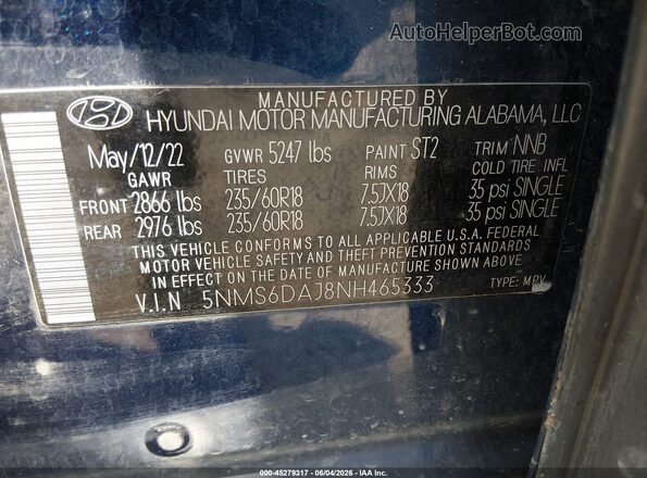 5NMS6DAJ8NH465333 2022 HYUNDAI SANTA FE Синий Вид подкапотного пространства