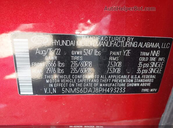 5NMS6DAJ8PH493233 2023 HYUNDAI SANTA FE Red Շարժիչի բաժամունքի տեսք