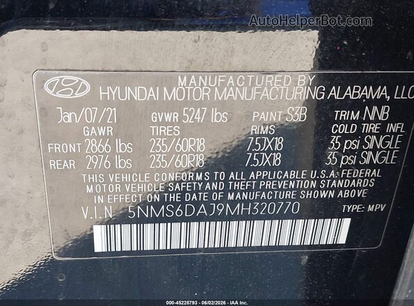 5NMS6DAJ9MH320770 2021 HYUNDAI SANTA FE Black Vista del compartimento del motor