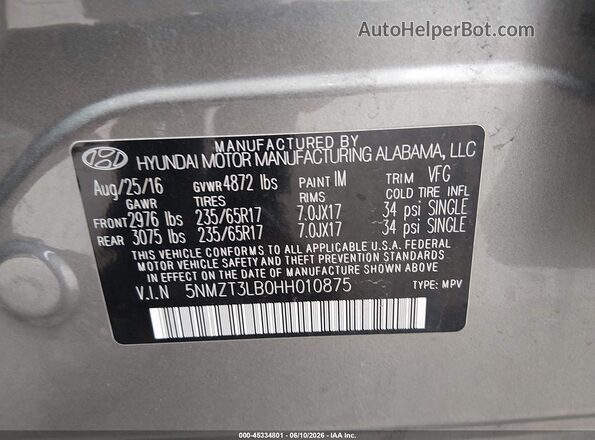 5NMZT3LB0HH010875 2017 HYUNDAI SANTA FE SPORT Gray Widok komory silnika