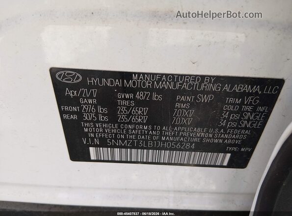 5NMZT3LB1JH056284 2018 HYUNDAI SANTA FE SPORT White Vista del compartimento del motor