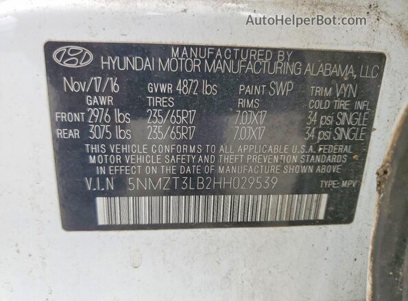 5NMZT3LB2HH029539 2017 HYUNDAI SANTA White Vista de la etiqueta del VIN