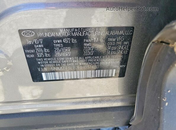 5NMZT3LB2HH037480 2017 HYUNDAI SANTA Серый Вид наклейки с VIN-кодом