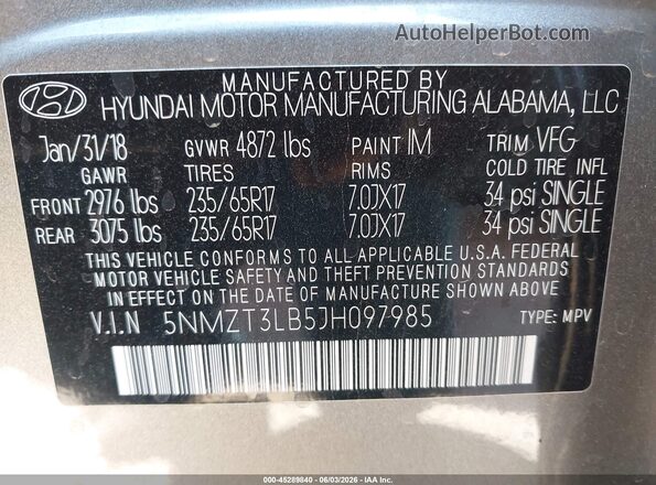 5NMZT3LB5JH097985 2018 HYUNDAI SANTA FE SPORT Gray Vista del compartimento del motor