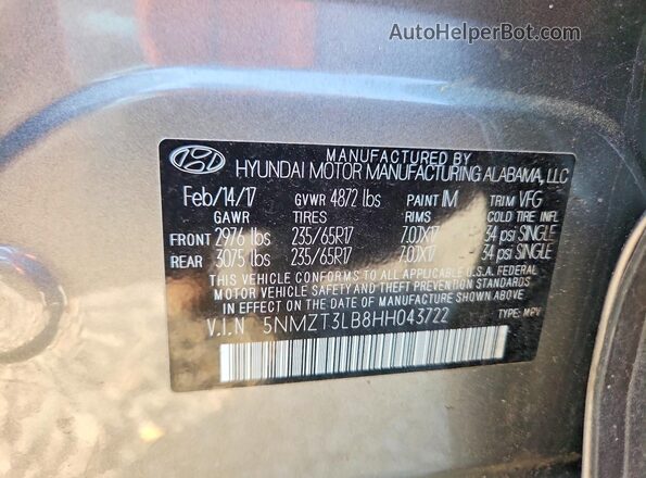5NMZT3LB8HH043722 2017 HYUNDAI SANTA Gray VIN կոդի պիտակի տեսք