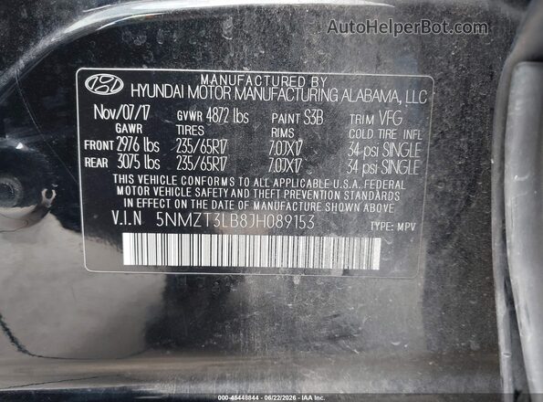 5NMZT3LB8JH089153 2018 HYUNDAI SANTA FE SPORT Black Вид підкапотного простору