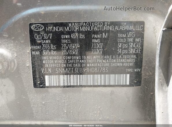 5NMZT3LB9JH087783 2018 HYUNDAI SANTA FE SPORT Gray ძრავის განყოფილების ხედი