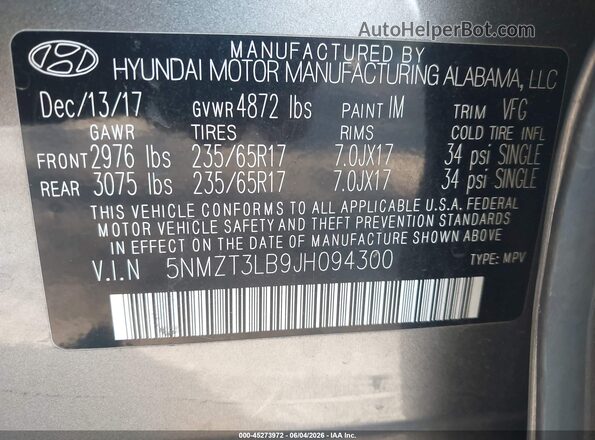 5NMZT3LB9JH094300 2018 HYUNDAI SANTA FE SPORT Gray Widok komory silnika