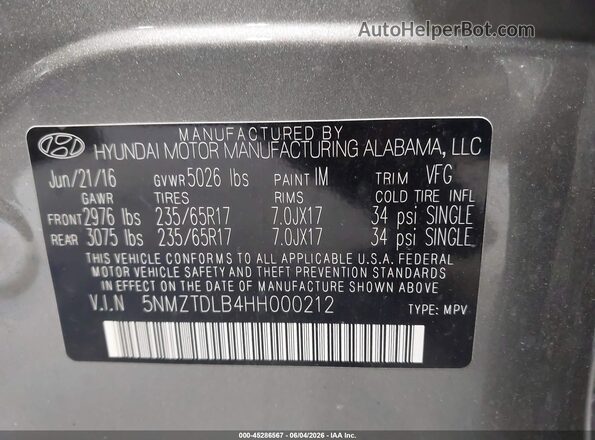 5NMZTDLB4HH000212 2017 HYUNDAI SANTA FE SPORT Pewter Շարժիչի բաժամունքի տեսք