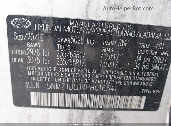 5NMZTDLB4HH016541 2017 HYUNDAI SANTA FE SPORT White Engine compartment view