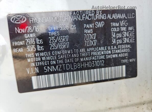 5NMZTDLB8HH031012 2017 HYUNDAI SANTA Белый 