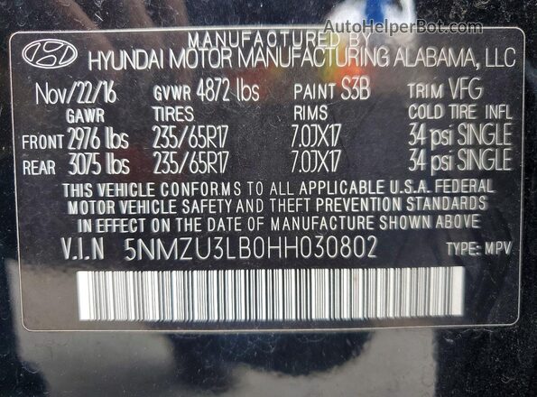 5NMZU3LB0HH030802 2017 HYUNDAI SANTA Black Vista interior de 360 grados