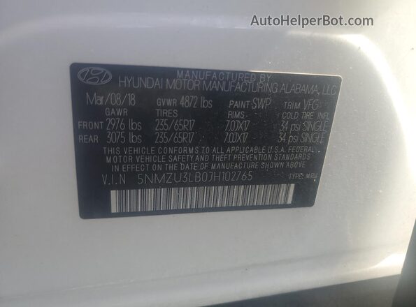 5NMZU3LB0JH102765 2018 HYUNDAI SANTA White Vista de la etiqueta del VIN